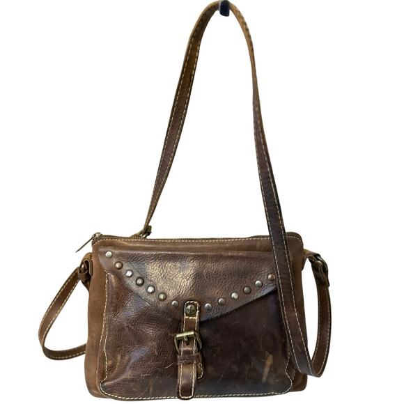Patricia Nash Crossbody Bag Studded Brown Leather Cowboy Western Boho Flap